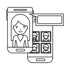 woman and group social network chat in smartphone in monochrome silhouette