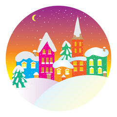 Winter landscape with small houses in a circle. A flat vector icon for the designer's work. Icon with winter contour houses. - 186570641