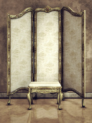 Parawan retro i zdobiony taboret © Obsidian Fantasy