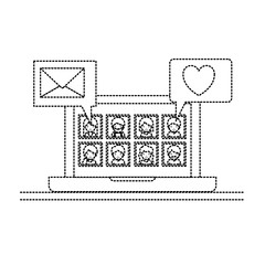 people picture profiles social network in laptop screen with dialogues mail and heart in monochrome dotted silhouette