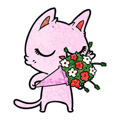 calm cartoon cat with flowers