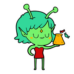 cartoon alien girl with bag of candy
