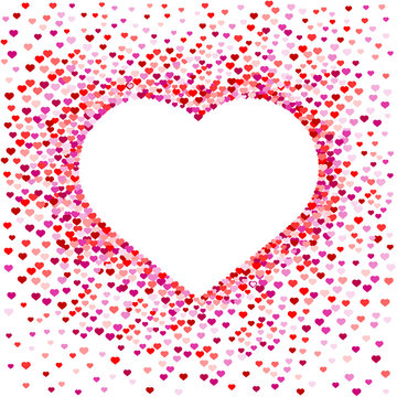 Fototapeta Confetti in the shape of the heart, a spray of hearts. A white heart in the middle. Decorative element for the frame and inscriptions. Vector illustration.