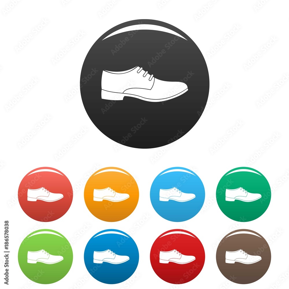 Poster men shoe icons set in simple style many color circle isolated on white background