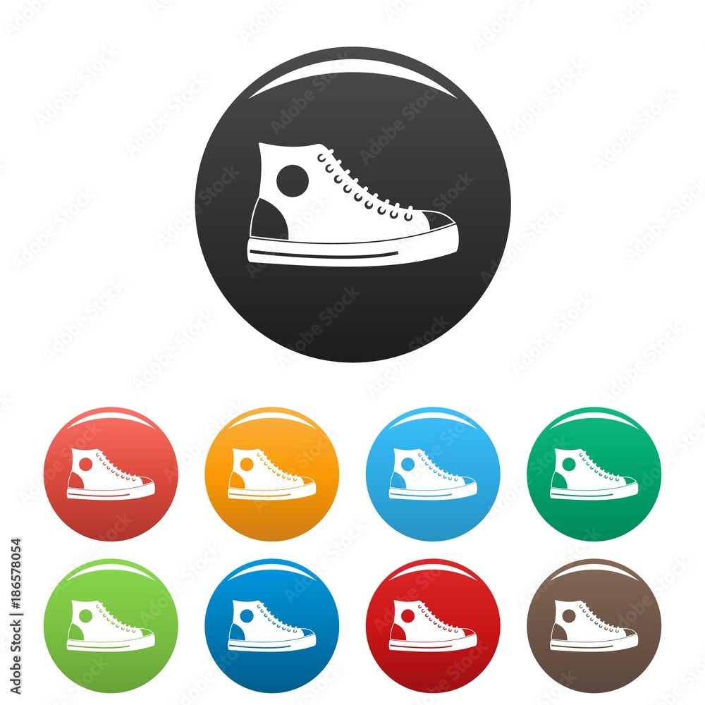 Poster men shoe icons set in simple style many color circle isolated on white background