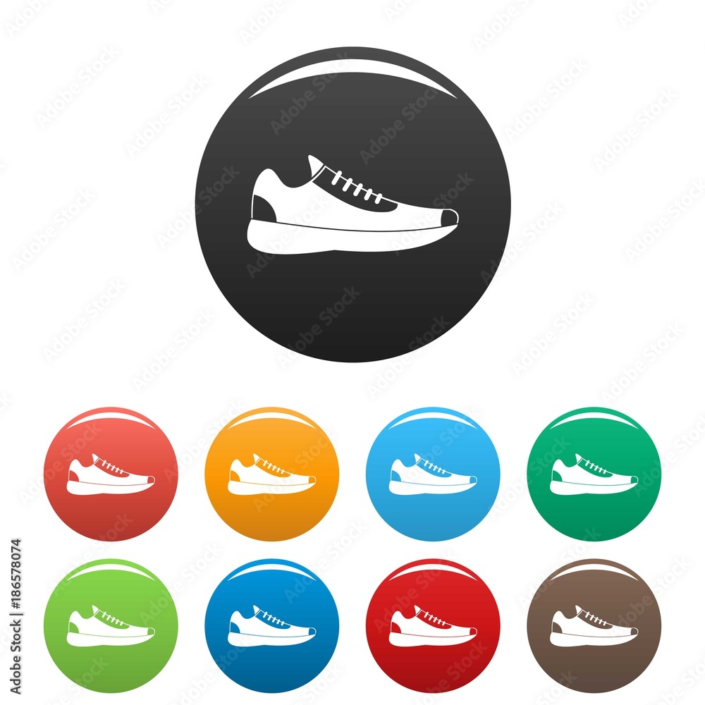 Poster sneakers icons set in simple style many color circle isolated on white background