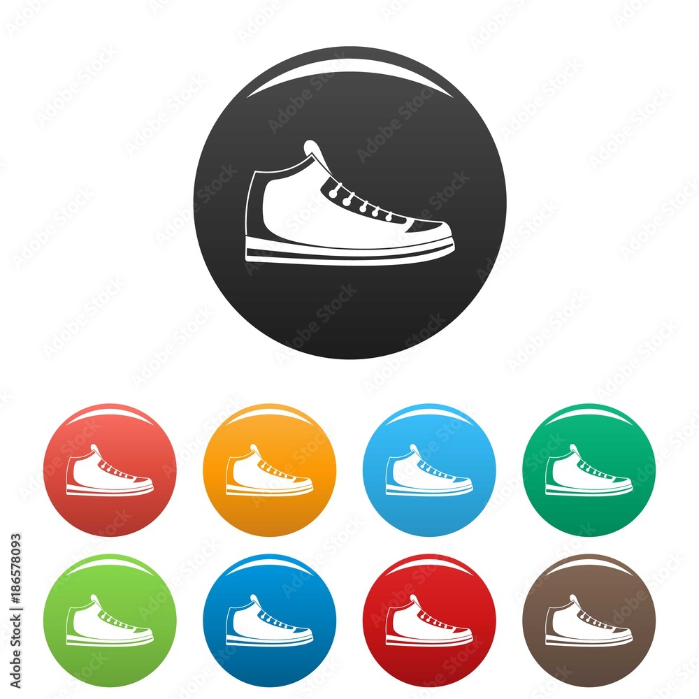 Poster sneakers icons set in simple style many color circle isolated on white background
