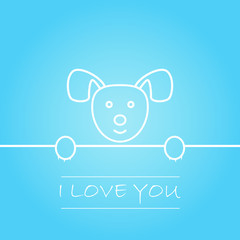 Greeting card for Valentine's Day. I love you. The puppy looks out from behind the table. Vector illustration