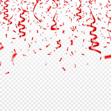 Christmas, Valentines day red confetti with ribbons on transparent background. Falling shiny confetti glitters. Festive party design elements.