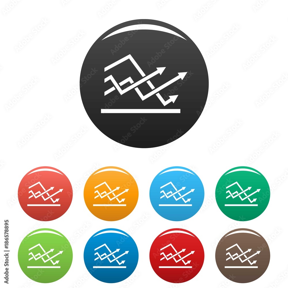 Poster line chart icons set in simple style many color circle isolated on white background