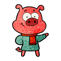 happy cartoon pig wearing warm clothes