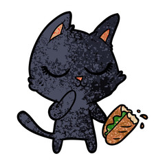 calm cartoon cat considering sharing a baguette