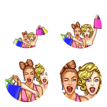 Set vector pop art round avatar icons for users social networking, blogs, profile icons. Two glamorous women with emotionally open screaming mouths, one winks eye, hold shopping bags with purchases