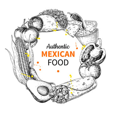 Mexican food sketch label in frame. Traditional cuisines drawing