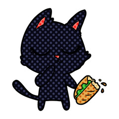 calm cartoon cat considering sharing a baguette