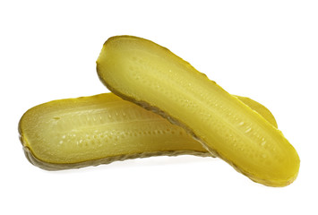 Fresh sliced green pickles isolated over white background