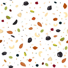 Seamless pattern with dried fruits, nuts, oatmeal, and seeds. Healthy food, granola background, Vector illustartion - obrazy, fototapety, plakaty