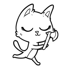 calm cartoon cat with axe