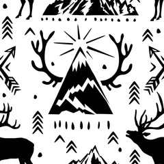 Abwaschbare Fototapete Berge Nahtloses Muster mit Hirschen, Geweihen und und Pfeilen