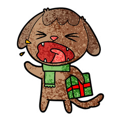 cute cartoon dog with christmas present