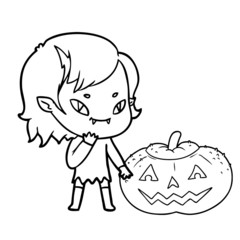 cartoon friendly vampire girl considering pumpkin