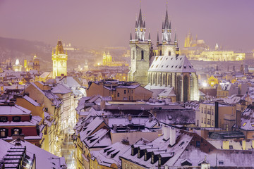 Winter in Prague - city panorama with Tyn Cathedral and Clock Tower