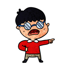 cartoon pointing boy wearing spectacles