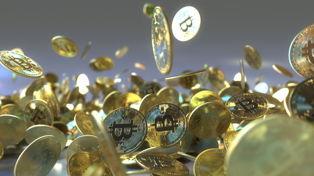 Falling Bitcoin Tokens 3D Rendering