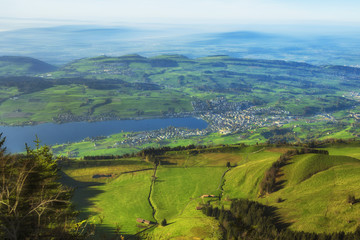 Beautiful view from Rigi Mountains at lake Lucern and Village Brunnen. View from Rigi Switzerland
