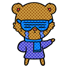 crying cartoon bear wearing rave sunglasses