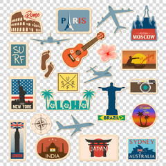 Vector travel sticker and label set with famous countries, cities, monuments, flags and symbols in retro or vintage style. Includes Italy, France, Russia, USA, England, India, Japan etc