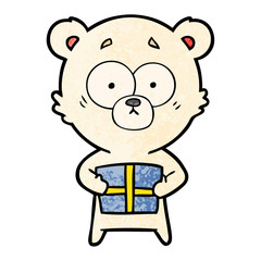 nervous polar bear cartoon with gift