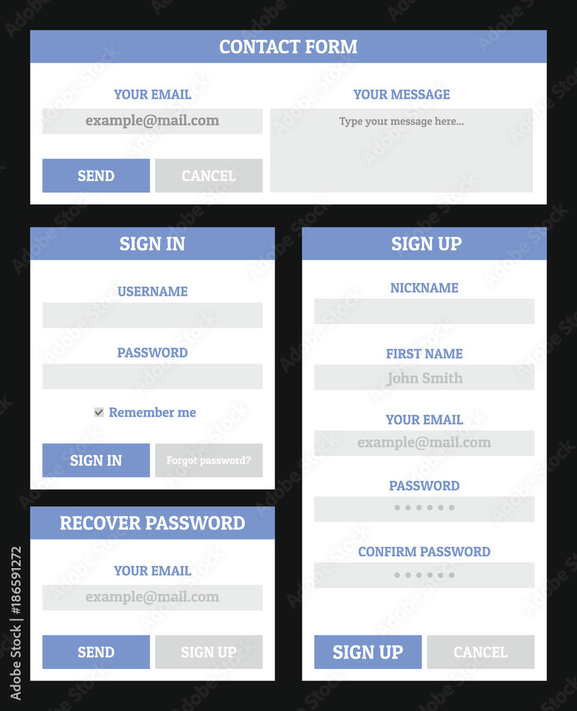Poster website form set. flat illustration of 4 log in and register website form vector banner concepts for
