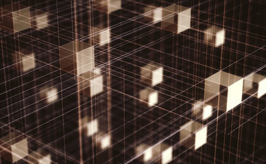 3D illustration, abstract background of cubes and interconnected lines representing technological connections.