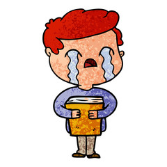 cartoon man crying holding book