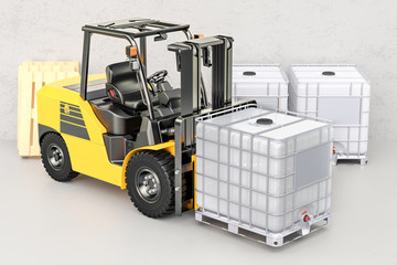 Forklift truck with white intermediate bulk container, 3D rendering