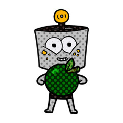 happy cartoon robot with apple