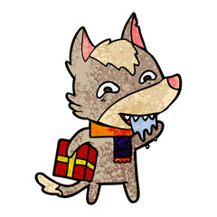 cartoon hungry wolf holding christmas present