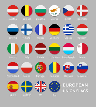 Rounded European Union Flags Button Set With Names Of Each Country