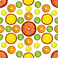 Fototapeta premium Transparency sliced colorful fruits on white background. Rings of grapefruit, lemon, tangerine and orange