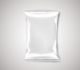 White blank foil plastic bag packaging isolated. Mock-up design template for branding for chips, snack, cookies, peanuts.