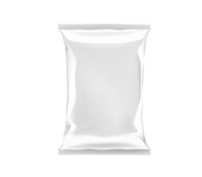 White Blank Foil Plastic Bag Packaging Isolated. Mock-up Design Template For Branding For Chips, Snack, Cookies, Peanuts.