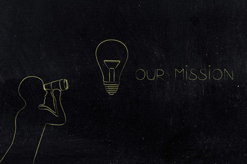 our company mission text with light bulb next to man with binoculars looking at it