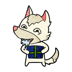 cartoon hungry wolf holding christmas present