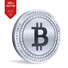 Bitcoin. 3D isometric Physical bit coin. Digital currency. Cryptocurrency. Silver coin with bitcoin symbol isolated on white background. Stock vector illustration.