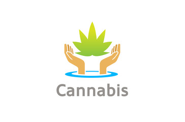 Creative Cannabis Hands Holding Water Drop Logo Design Symbol Illustration