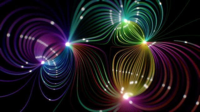 Bright fluorescent wires with glowing signals moving between nodes. Schematic magnetic field lines. Optical cables network.