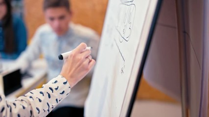 Young Lady is Writing on Flipchart during the Meeting of Business Team in the Office