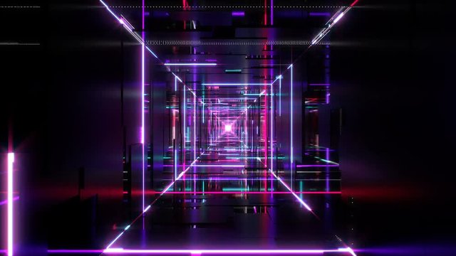 Flight through digital tunnel with glowing neon tubes and led lights. Seamlessly looped bright footage for VJ. Futuristic black reflective techno tunnel with blinking segments. 4K UHD