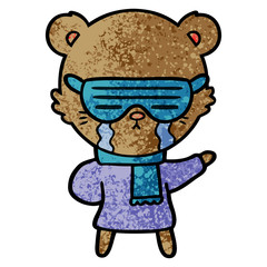 crying cartoon bear wearing rave sunglasses
